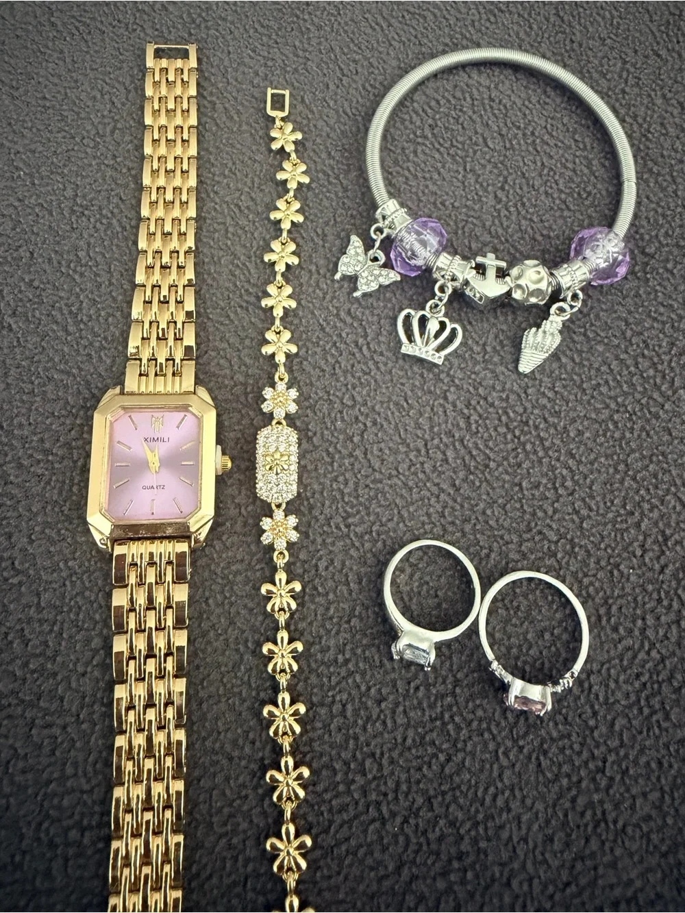 Gold Women's Bracelet Watch with Pink Dial and Floral Bracelet